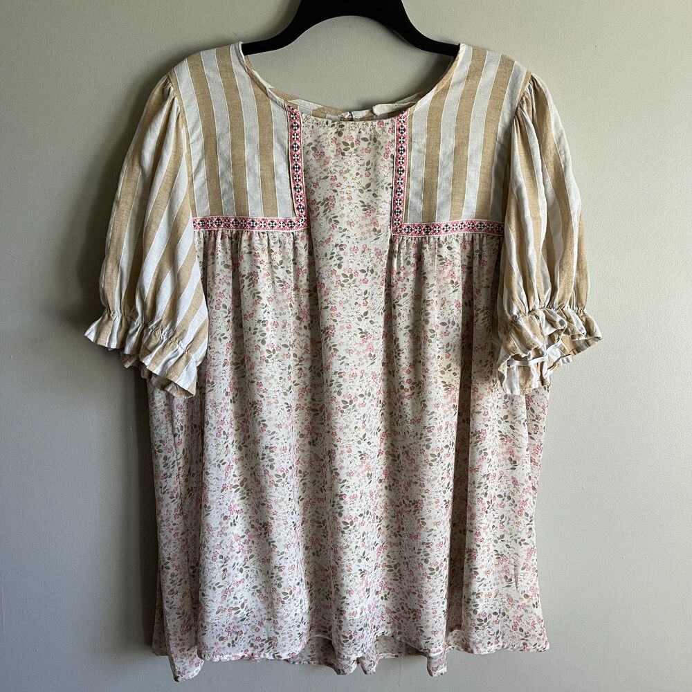 Entro Blouse Mixed Print Floral Stripe 1X Puff Sleeve Boho Boutique Cottagecore